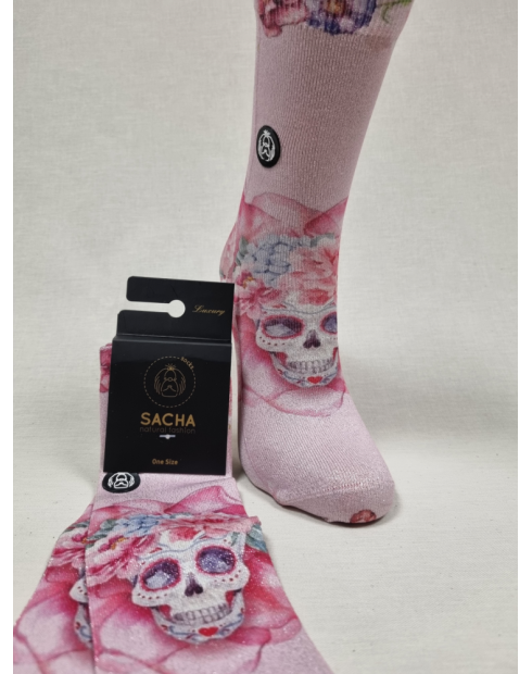 CALCETINES LUREX CALAVERA CON FLORES ROSA