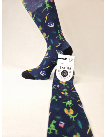 CALCETINES SORPRENDENTES DE HOMBRE DE BAMBU CON DINOSAURIOS.