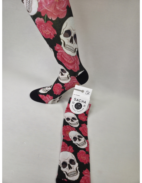CALCETINES ORIGINALES DE MUJER EN BAMBU CON FLORES Y CALAVERAS