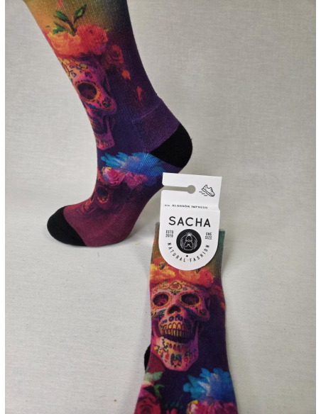 CALCETIN MOLON DE MUJER CON CALAVERA FLORAL